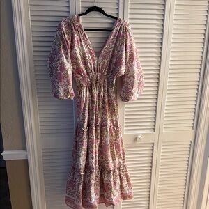Perry Walker Collective Floral Pink V-Neck Tiered Midi Dress size 1/small